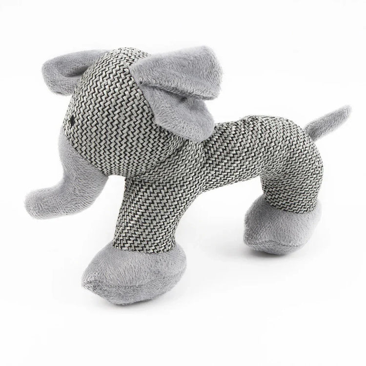 Plush elephant toy with grey herringbone fabric body and soft light grey accents