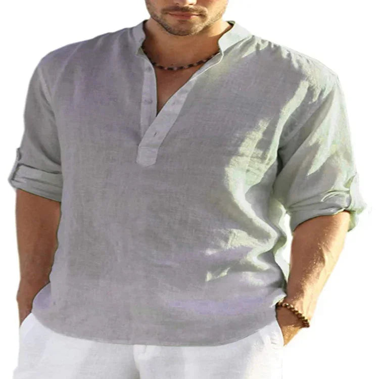 Men's light grey linen long sleeve shirt with rolled sleeves, relaxed fit, and mandarin collar