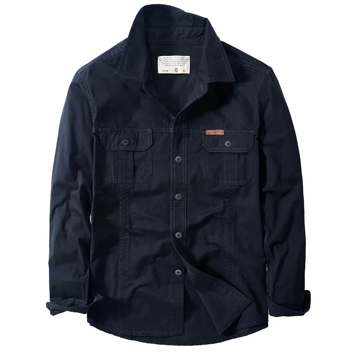 Men’s black button-up shirt with chest pockets, cotton material, relaxed fit, long sleeves