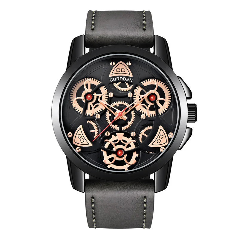 Black and gold skeleton watch with visible gears and gray leather strap, modern design.