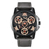 Black and gold skeleton watch with visible gears and gray leather strap, modern design.