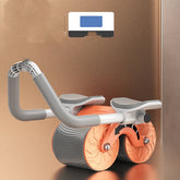 Dual wheel ab roller with orange wheels and grey handles, sturdy and ergonomic design
