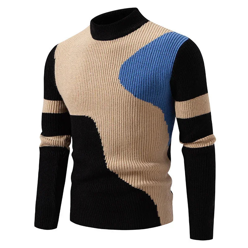 Men's colorblock knit sweater with black, beige, and blue abstract design, slim fit