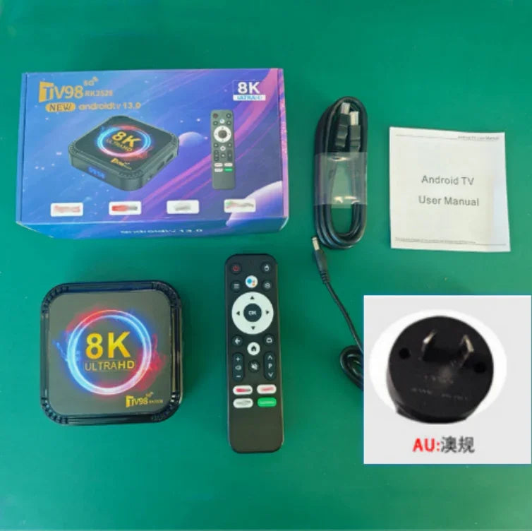 8K Android TV box set with remote, HDMI cable, power adapter, and user manual on green background