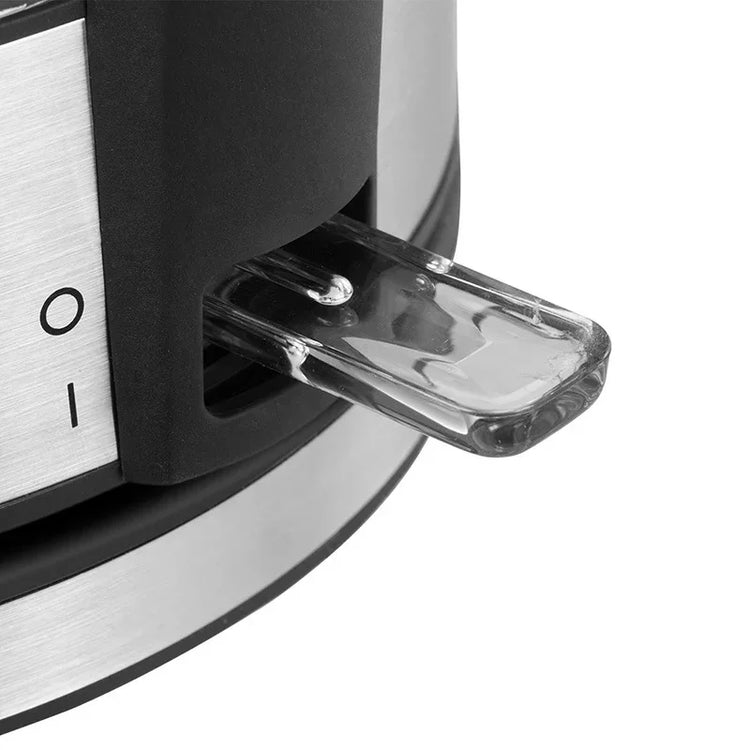 Close-up of metallic appliance with transparent pull-out tray and black accents