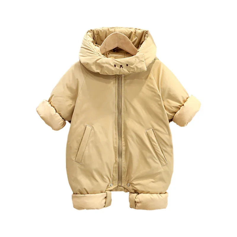 Beige puffer infant jumpsuit with rolled cuffs, zipper closure, and cozy high collar.