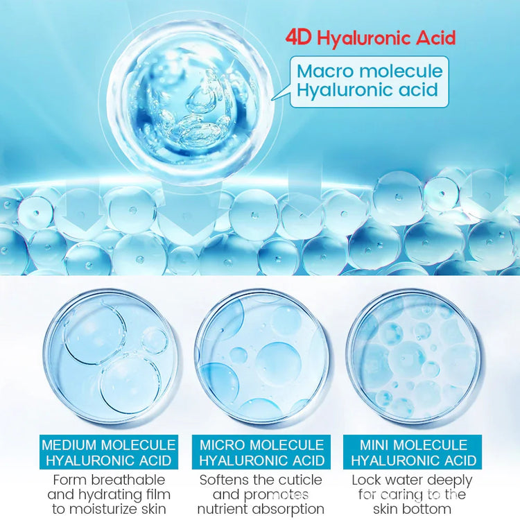 Illustration of 4D hyaluronic acid molecules in macro, medium, micro, and mini forms, highlighting hydrating and absorption properties for skincare.