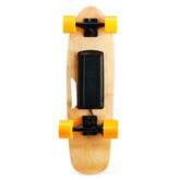 Light wood electric skateboard with orange wheels and compact black motor underneath