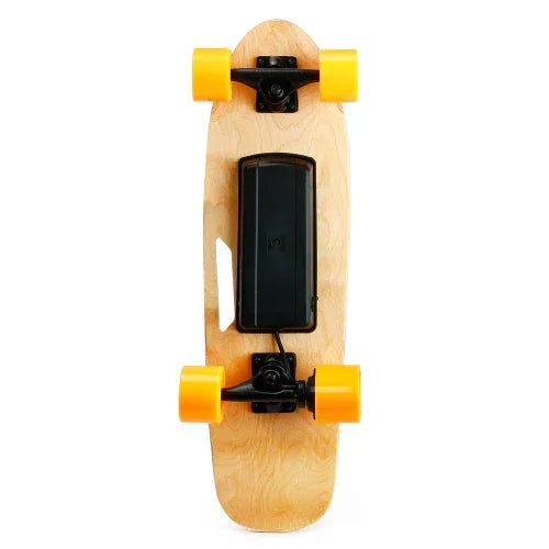 Light wood electric skateboard with orange wheels and compact black motor underneath