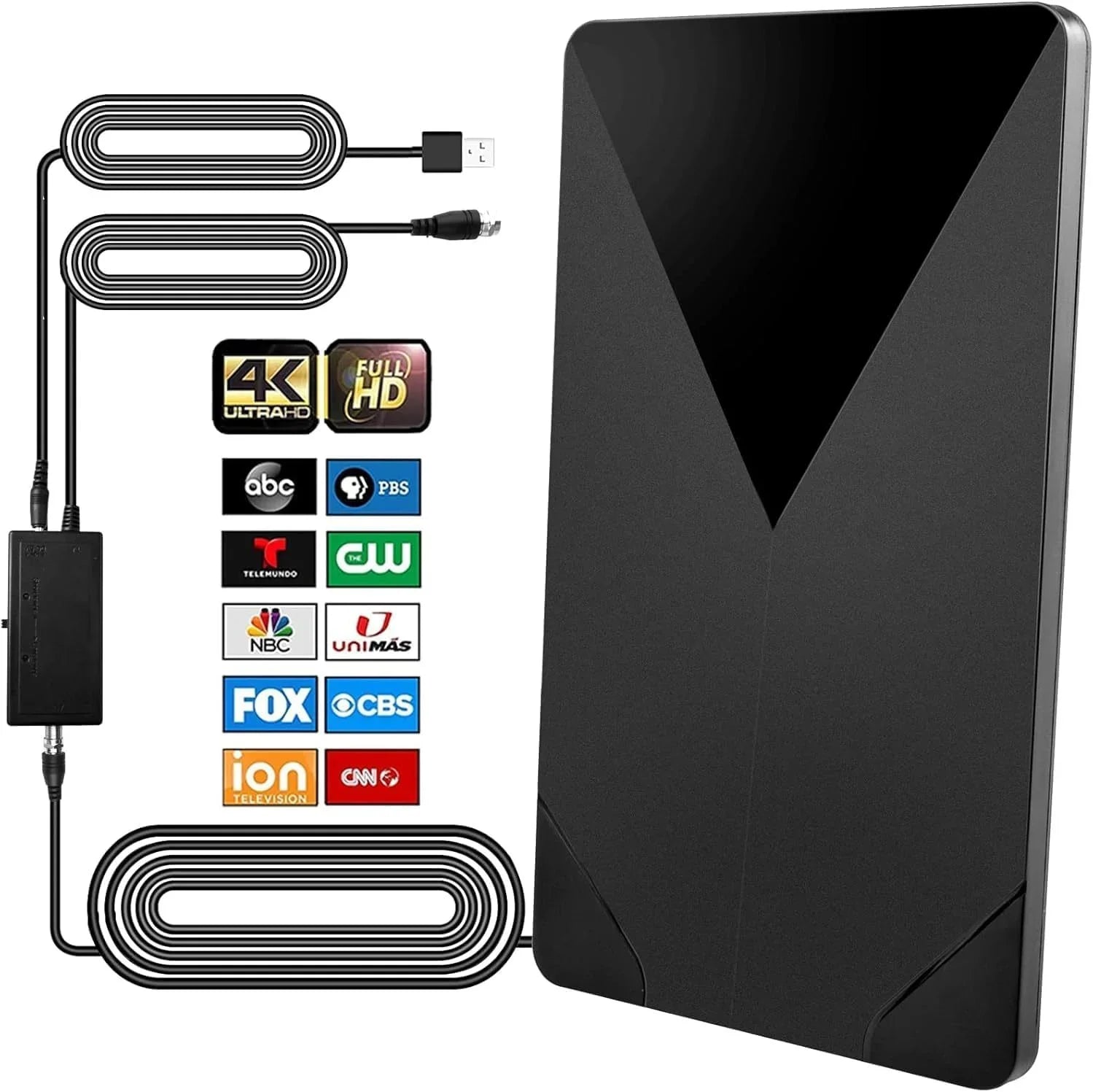 Slim black indoor TV antenna with long coax cable, supports 4K and HD channels