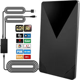 Slim black indoor TV antenna with long coax cable, supports 4K and HD channels