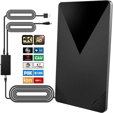 Slim black indoor TV antenna with long coax cable, supports 4K and HD channels
