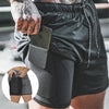 Black athletic shorts with side phone pocket, drawstring waist, and compression fit for gym or streetwear