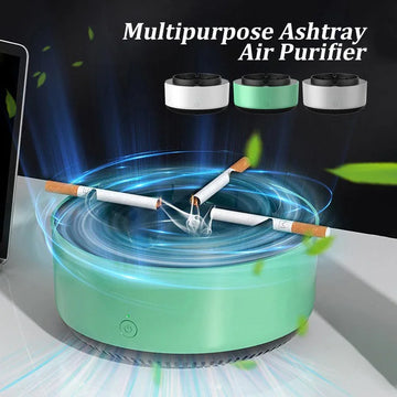 Green multipurpose ashtray air purifier on desk with cigarettes and swirling smoke effect
