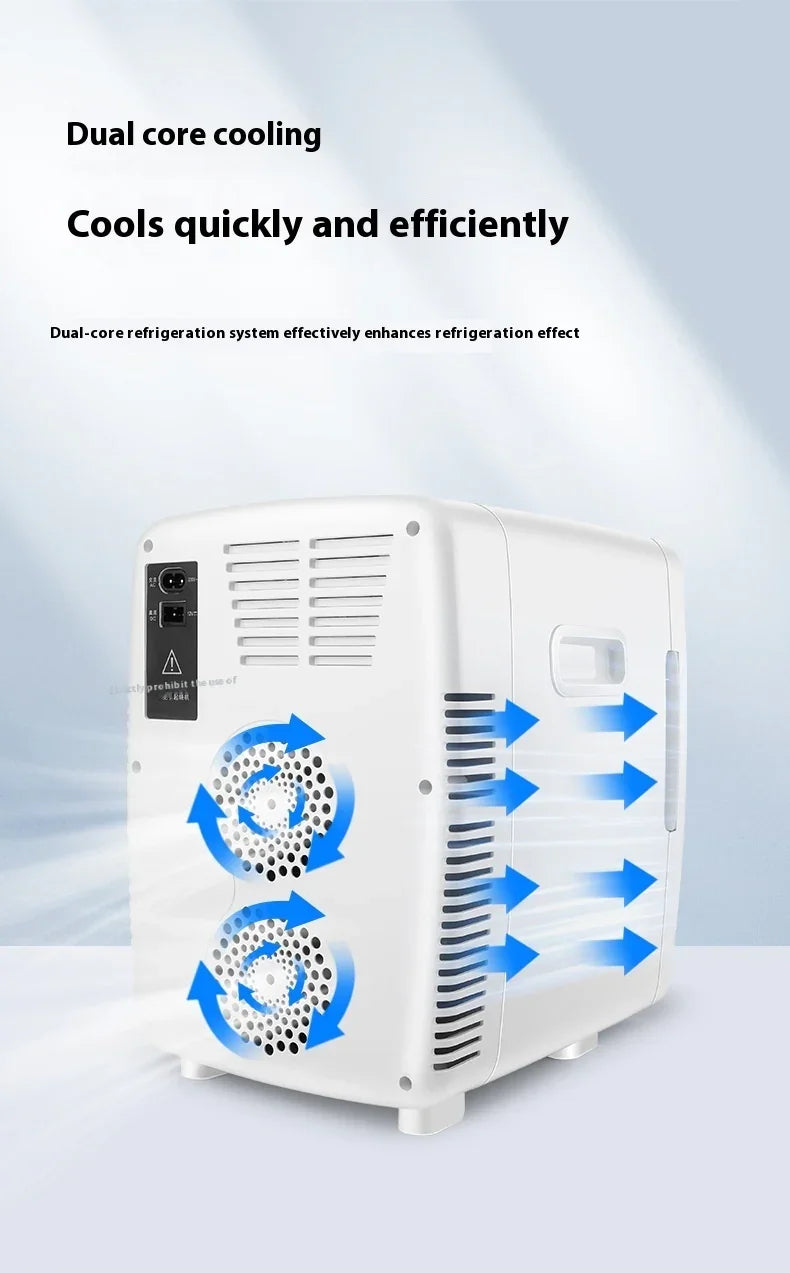 White dual-core cooling mini fridge with rear vents and blue airflow arrows, efficient design