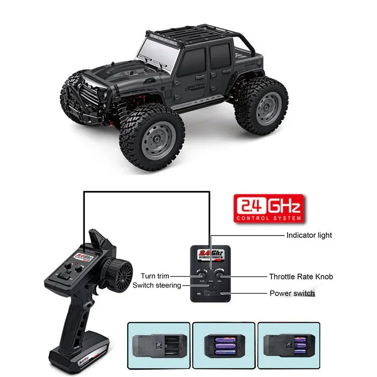 Black remote control off-road truck with rugged tires, 2.4GHz controller and battery slots.