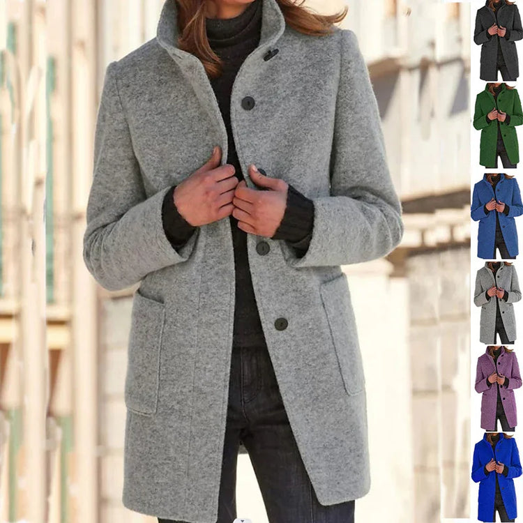 Wool-blend mid-length coat for women, button-up design, available in multiple colors, modern slim fit