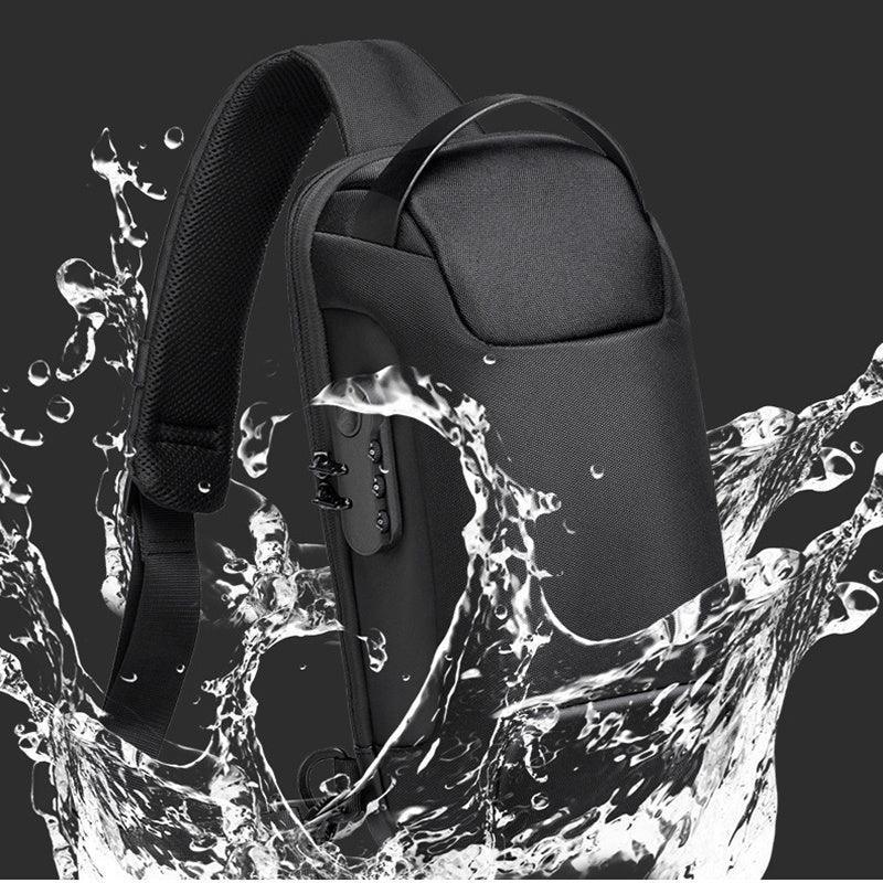 Black waterproof sling bag with padded strap and lock, water-splashed, modern style