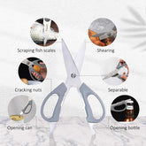 Multi-purpose kitchen scissors with grey handles for cutting, nut cracking, bottle and can opening, fish scale scraping.