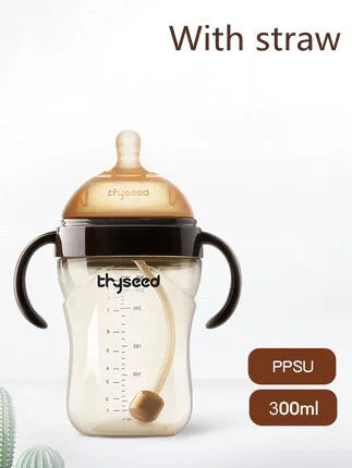 Transparent PPSU 300ml baby bottle with dual handles, straw, and measurement marks