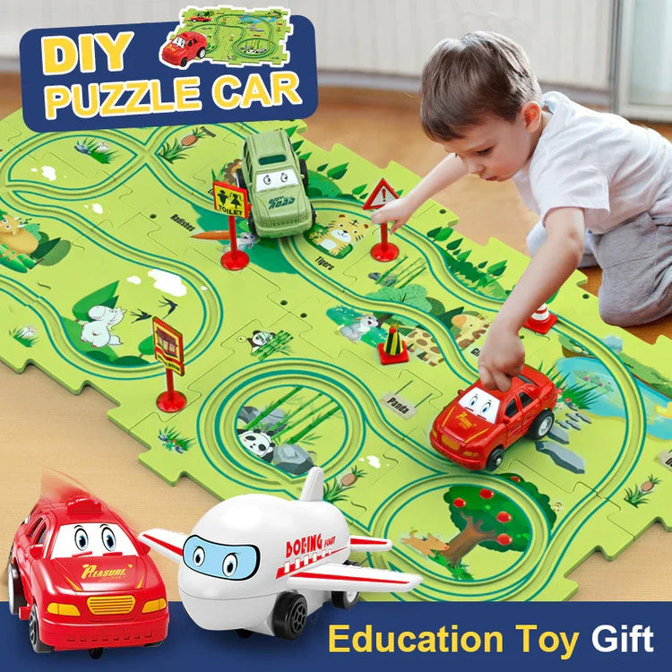 Boy playing with puzzle car track set featuring colorful vehicles and cartoon road signs.