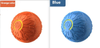Textured silicone massage ball in orange and blue, circular power icon design, durable material