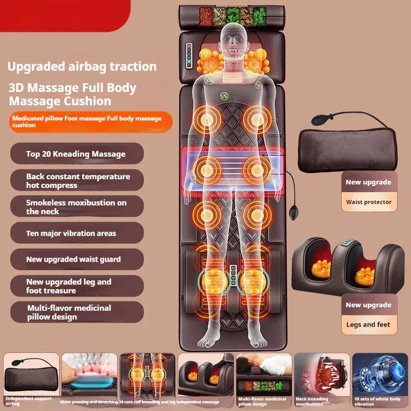 Brown full body massage cushion with heating, kneading, and vibration zones, displayed flat with visual highlights on neck, back, waist, and leg areas.
