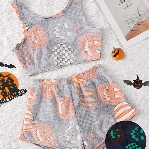Fuzzy gray crop tank top and shorts set with orange jack-o&