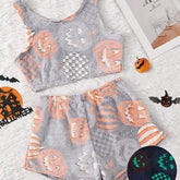 Fuzzy gray crop tank top and shorts set with orange jack-o&