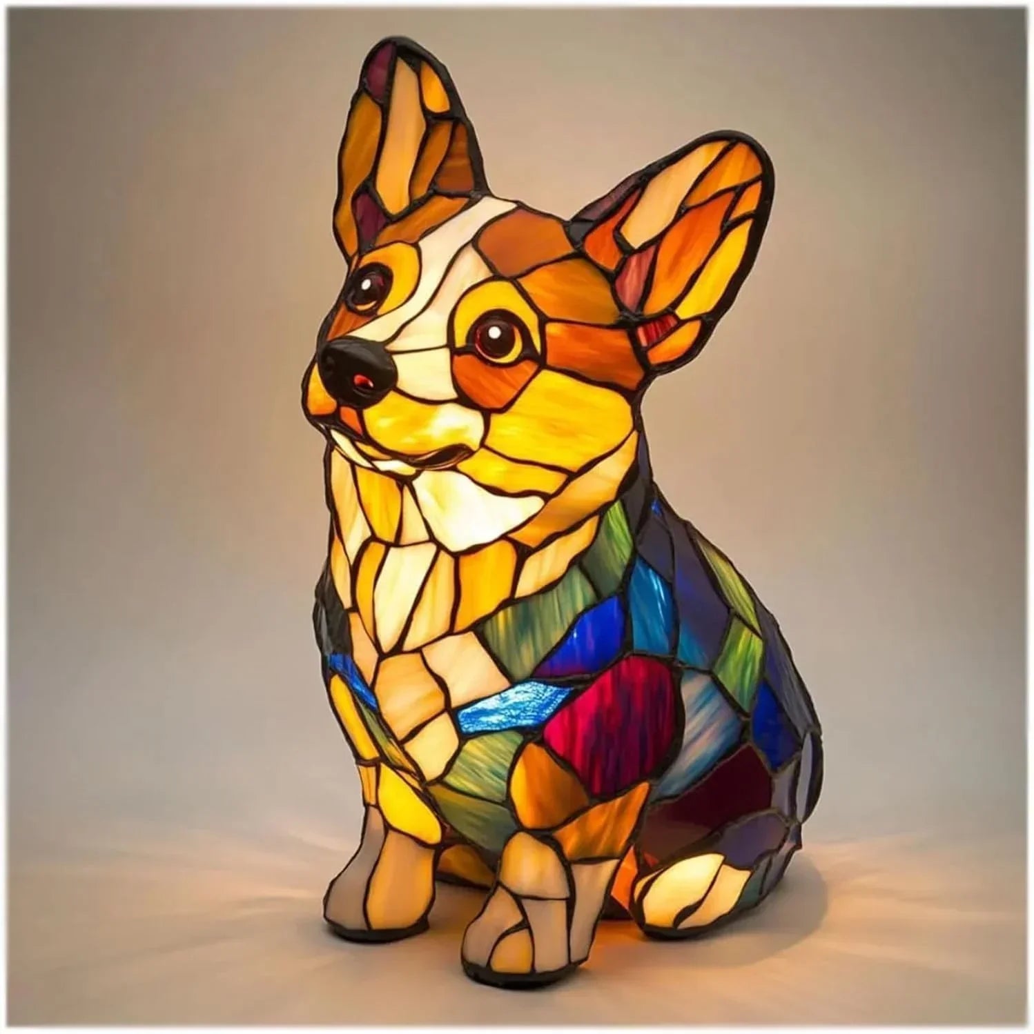 Colorful stained glass corgi dog lamp with vibrant mosaic pattern, illuminated and decorative