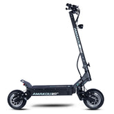 Black electric scooter with sturdy frame, large wheels, and modern urban design on white background.