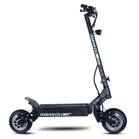 Black electric scooter with sturdy frame, large wheels, and modern urban design on white background.