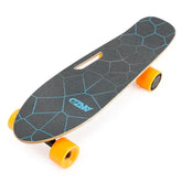 Mini cruiser skateboard with black grip tape, geometric blue pattern, yellow wheels, and cutout handle.