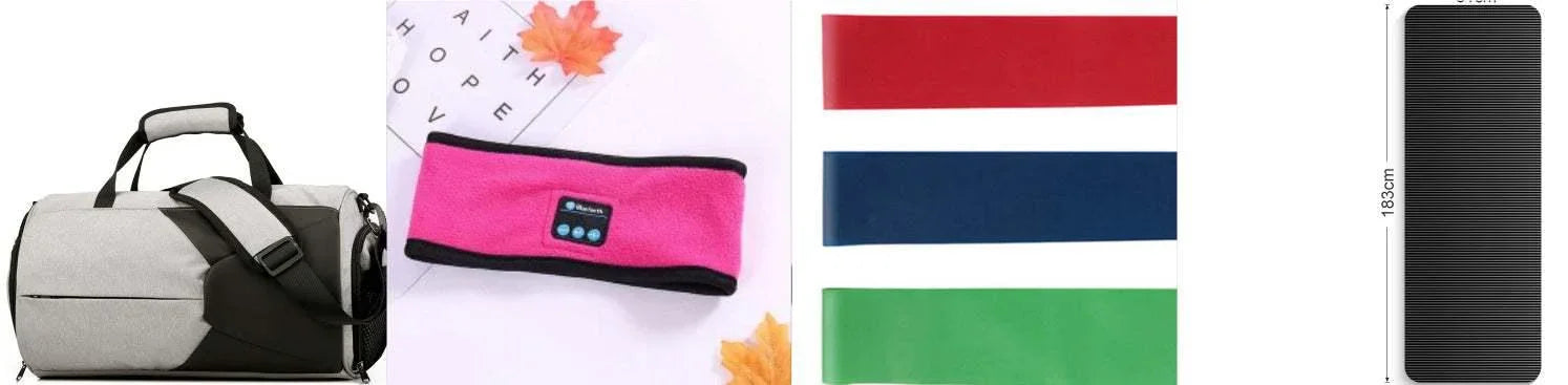 Light grey and black duffel bag, pink fleece headband, colored resistance bands, and black yoga mat