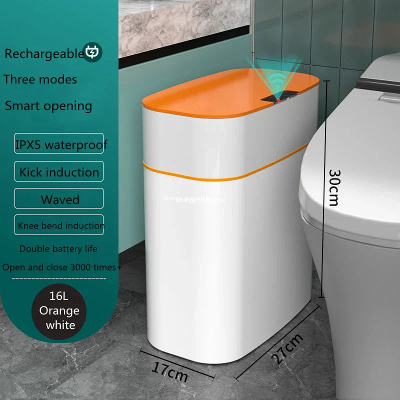 White and orange rectangular smart trash can with automatic sensor, waterproof, in modern bathroom