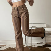 Brown striped high-waisted flared pants with relaxed fit, casual streetwear style