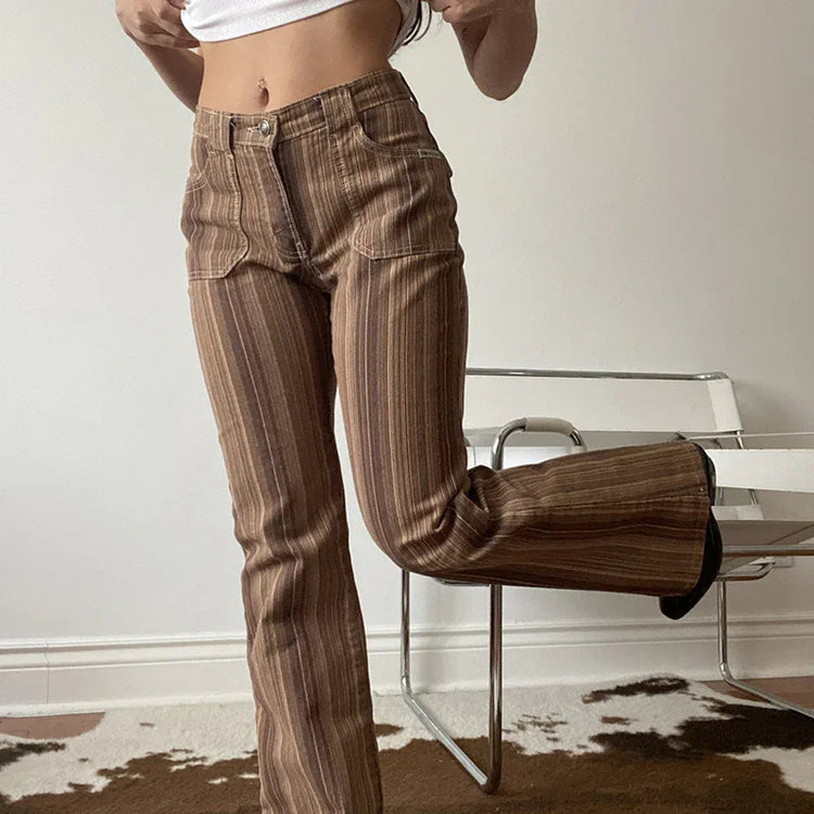 Brown striped high-waisted flared pants with relaxed fit, casual streetwear style