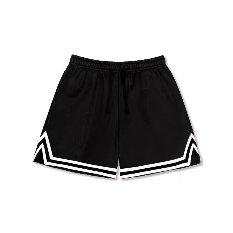 Black mesh athletic shorts with white chevron trim, relaxed fit, elastic waistband