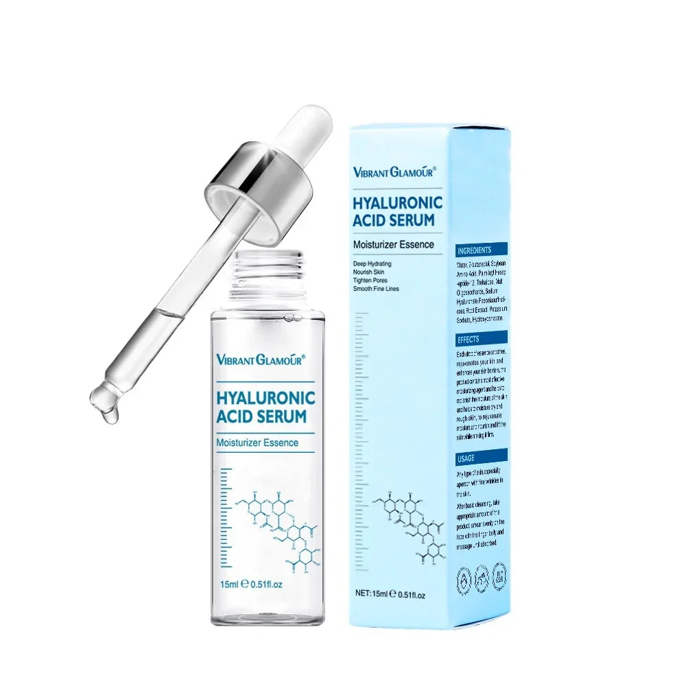 Image shows a clear bottle of hyaluronic acid serum with a dropper and blue packaging. The product is for deep hydrating and moisturizing skin.