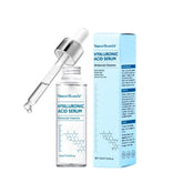 Image shows a clear bottle of hyaluronic acid serum with a dropper and blue packaging. The product is for deep hydrating and moisturizing skin.
