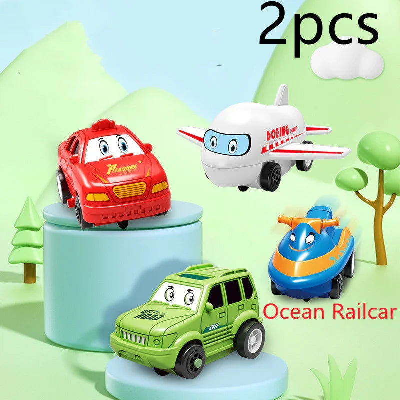 Colorful cartoon toy vehicles including car, plane, SUV, and railcar on pastel display stands