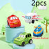 Colorful cartoon toy vehicles including car, plane, SUV, and railcar on pastel display stands