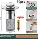 Silver and gold anti-blocking drain filter with mesh design, rubber rings, and installation instructions.