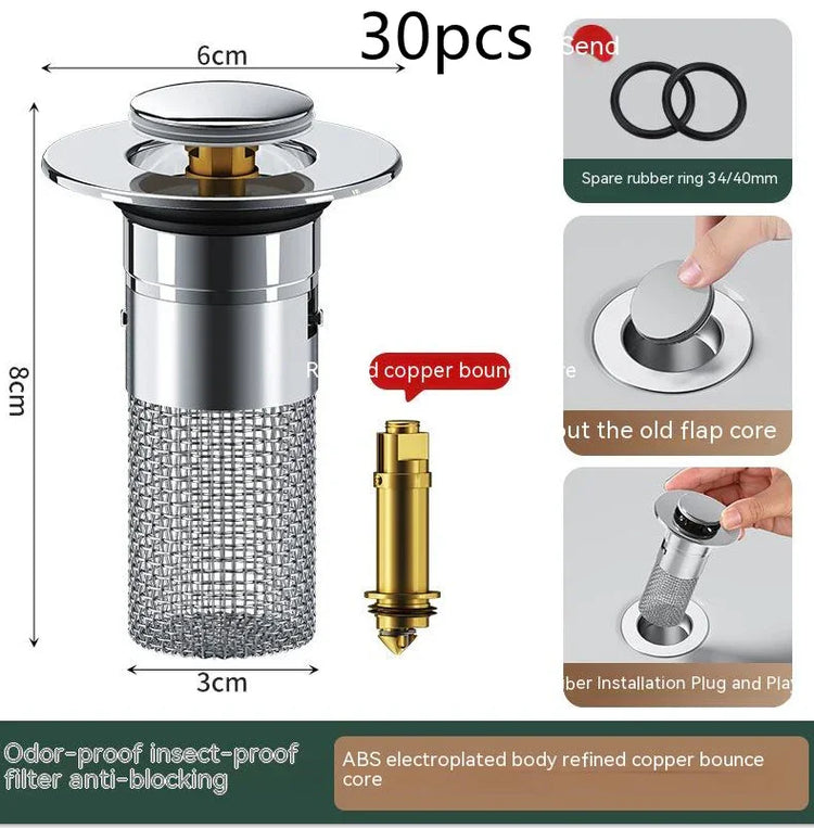 Silver and gold anti-blocking drain filter with mesh design, rubber rings, and installation instructions.