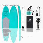 Turquoise inflatable paddle board set with paddle, pump, fin, ankle leash, and accessories.