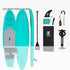 Turquoise inflatable paddle board set with paddle, pump, fin, ankle leash, and accessories.