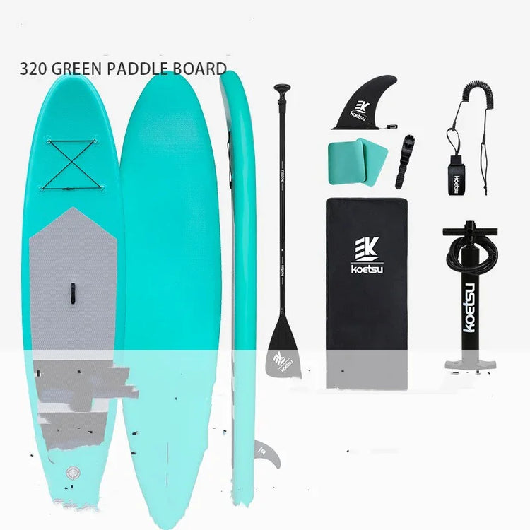 Turquoise inflatable paddle board set with paddle, pump, fin, ankle leash, and accessories.