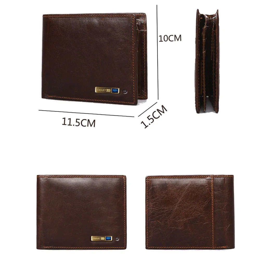 Brown leather bifold wallet with ID window, slim fit, visible stitching, compact size