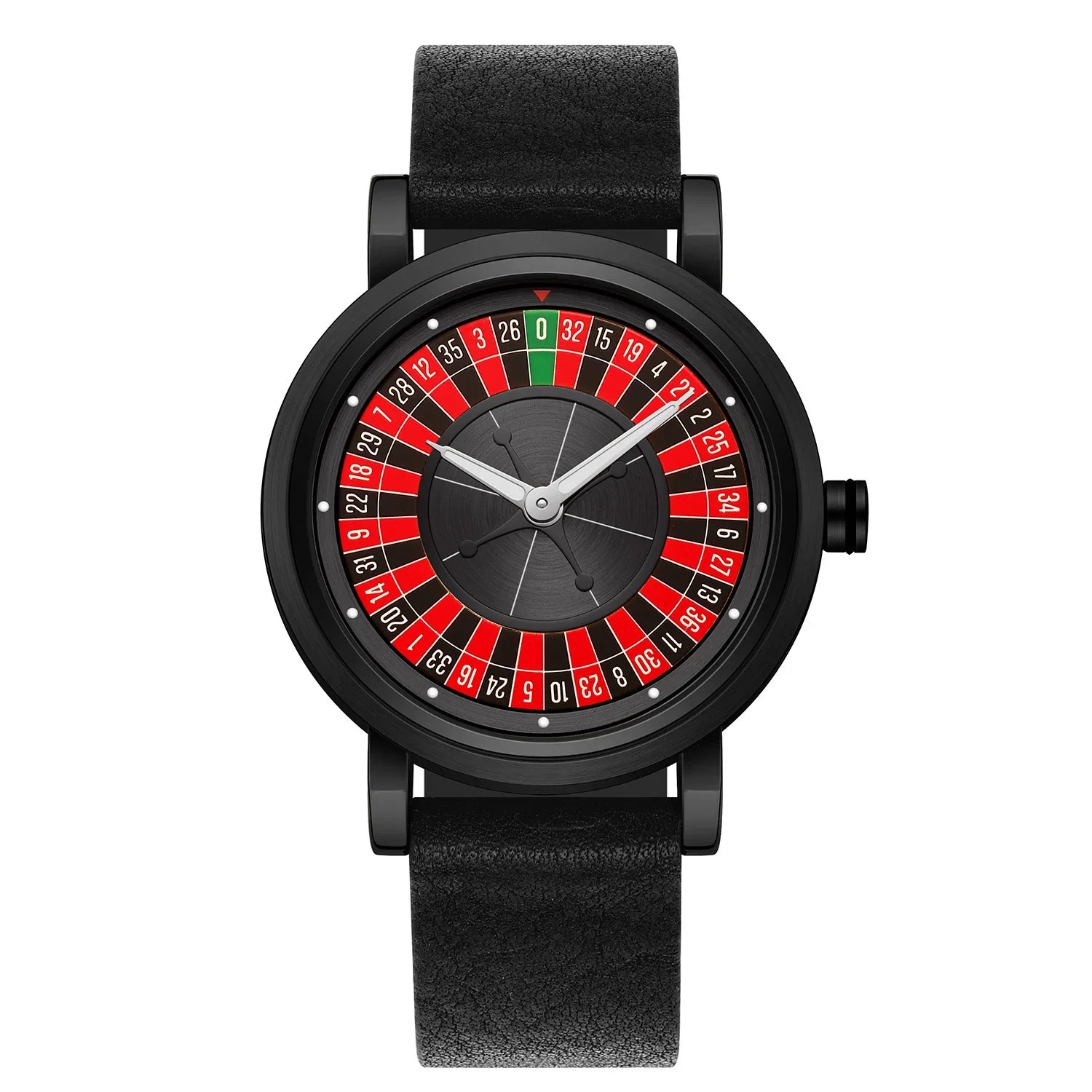 Black leather strap wristwatch with roulette wheel inspired dial, modern round face.