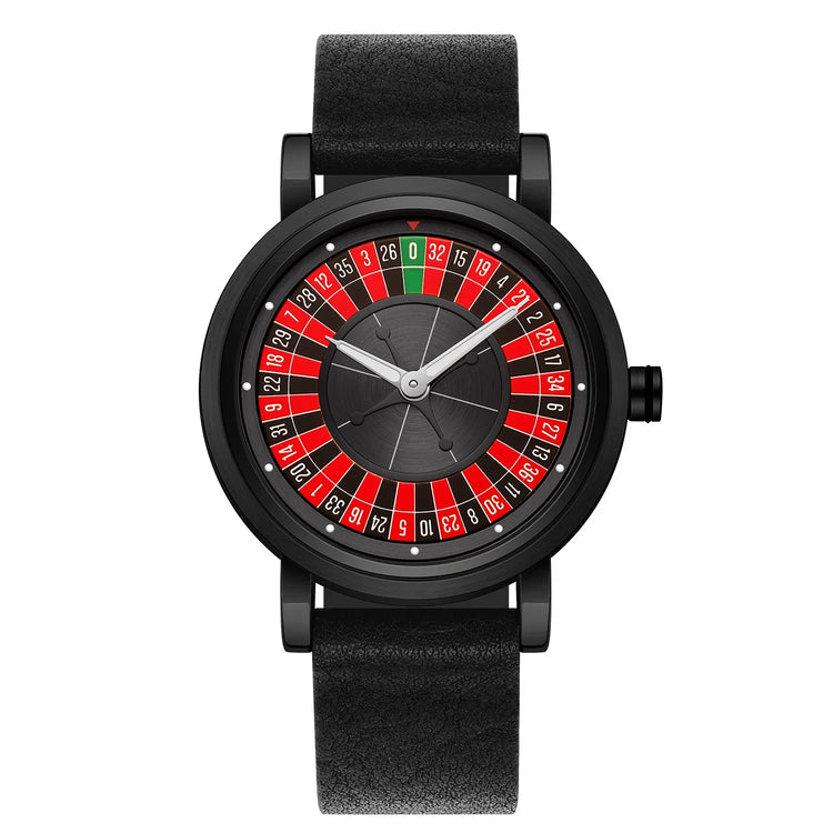 Black leather strap wristwatch with roulette wheel inspired dial, modern round face.
